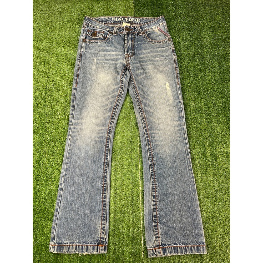 Machine Brand Y2K Distressed Flare Jeans Light Wash Contrast Stitch 30x32